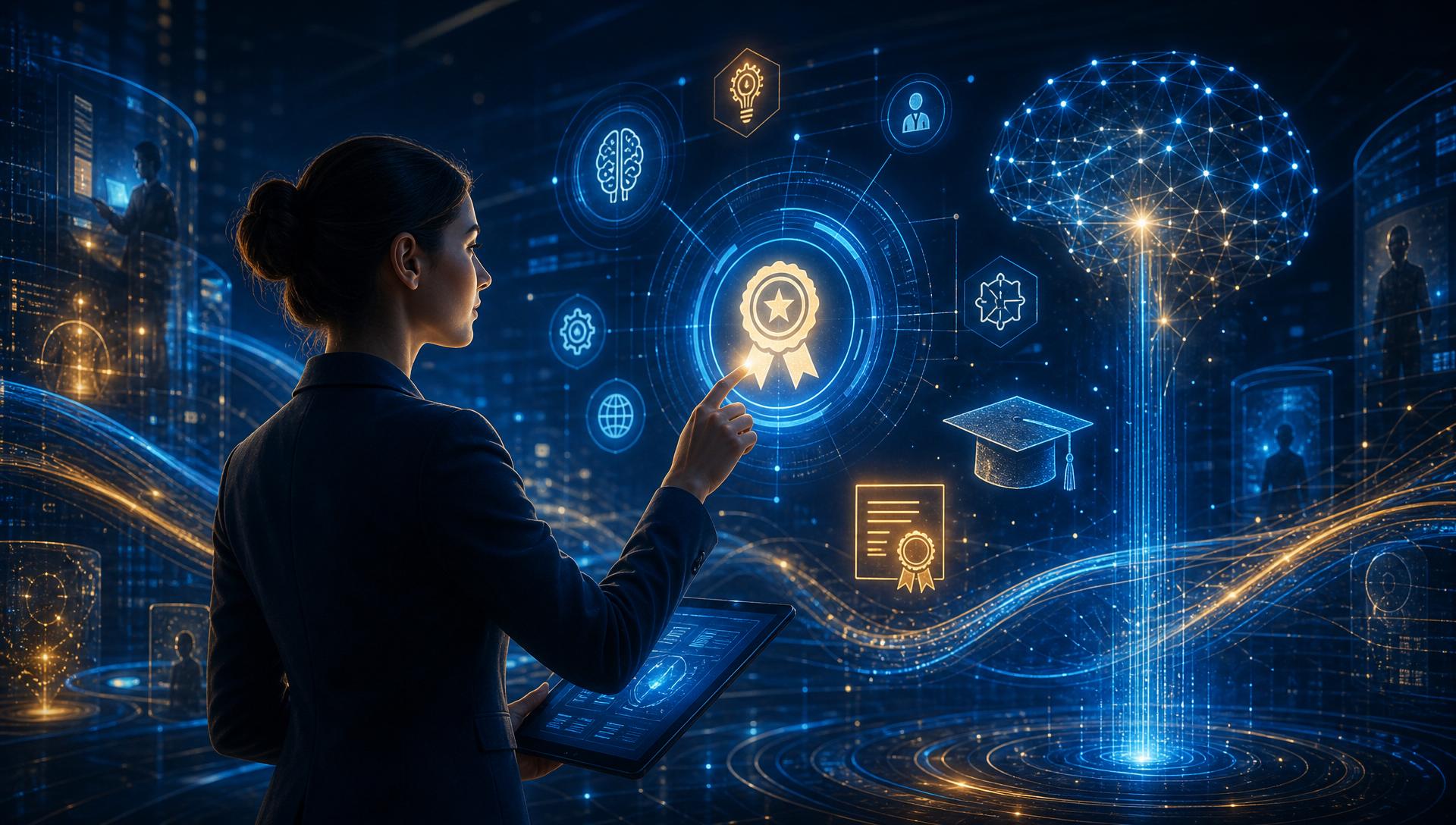 Professional interacting with holographic AI certification badges and skill credentials in a futuristic digital workspace
